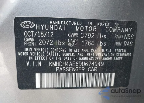 2013 Hyundai Elantra Gls from USA, damaged, VIN KMHDH4AE6DU674949